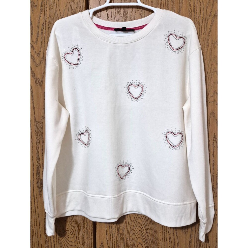 Jane Delancey Women's Cream Fleece Long Sleeve Pullover Hearts Gems Size L